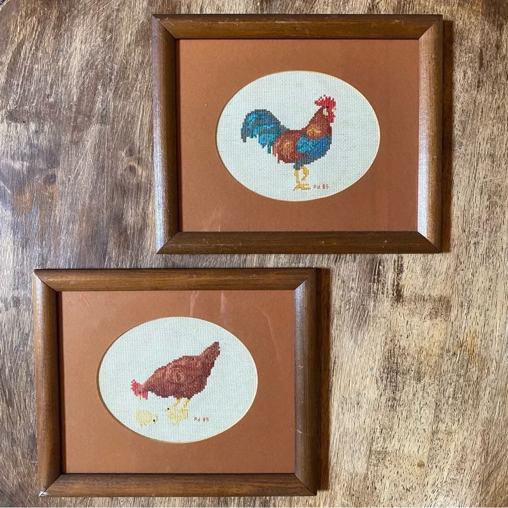 2 Vintage Handmade Cross Stitch Rooster & Chicken Wood Frame Cottagecore 11”x9” - Picture 1 of 10
